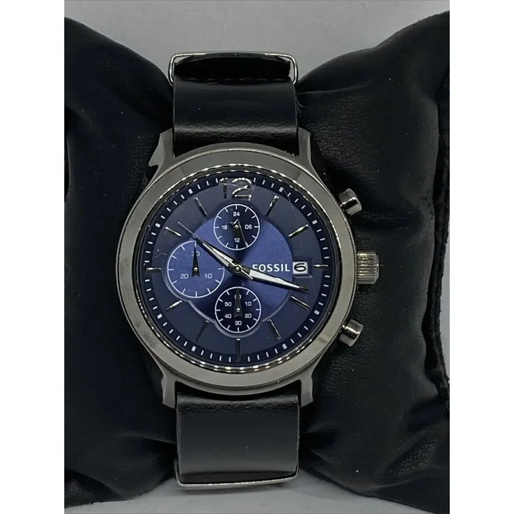 Fossil BQ1482 Men's Black Leather Analog Blue Dial Quartz Genuine Watch KS546